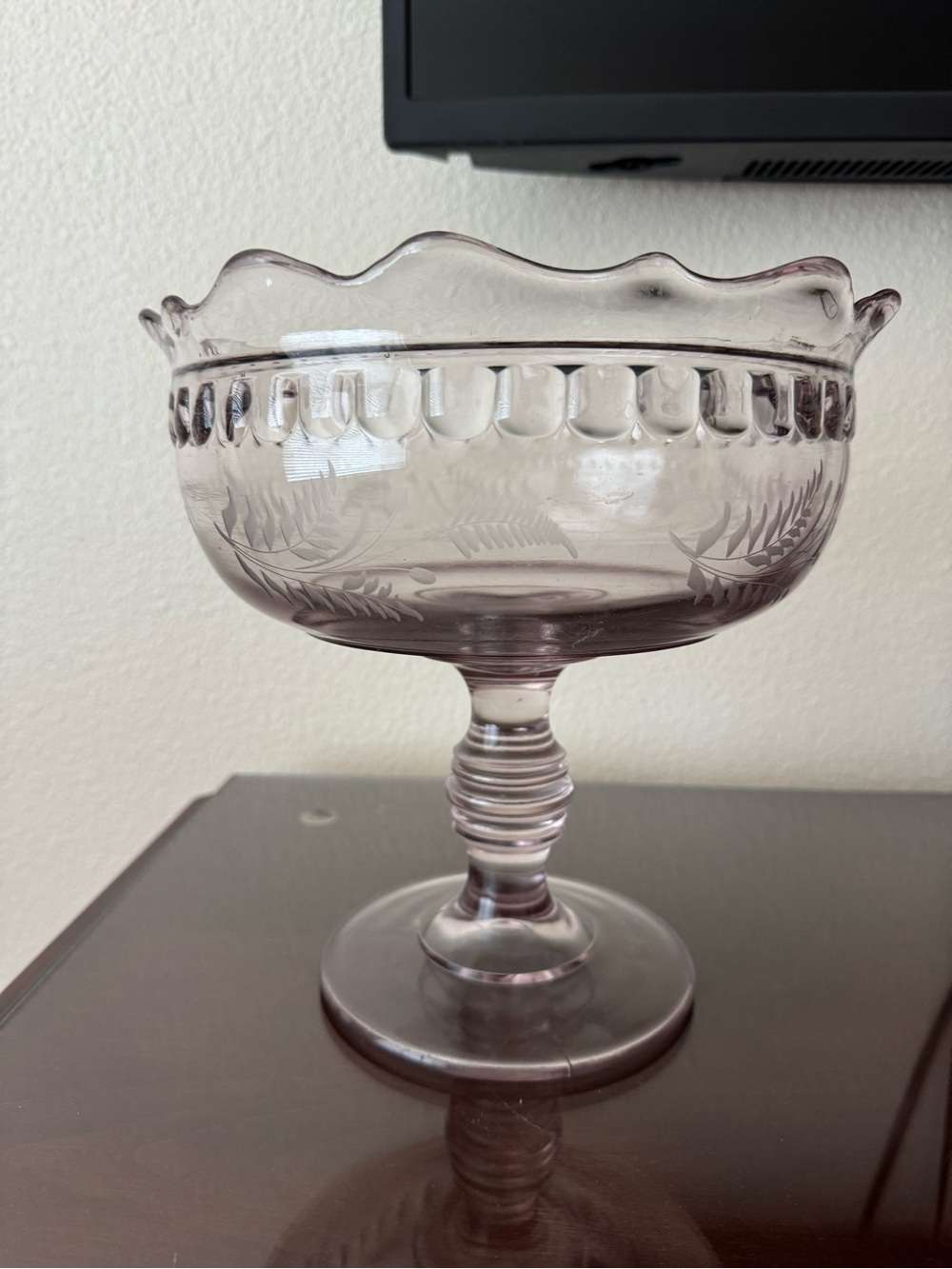 Vintage Etched Glass Compote Bowl in Light Purple